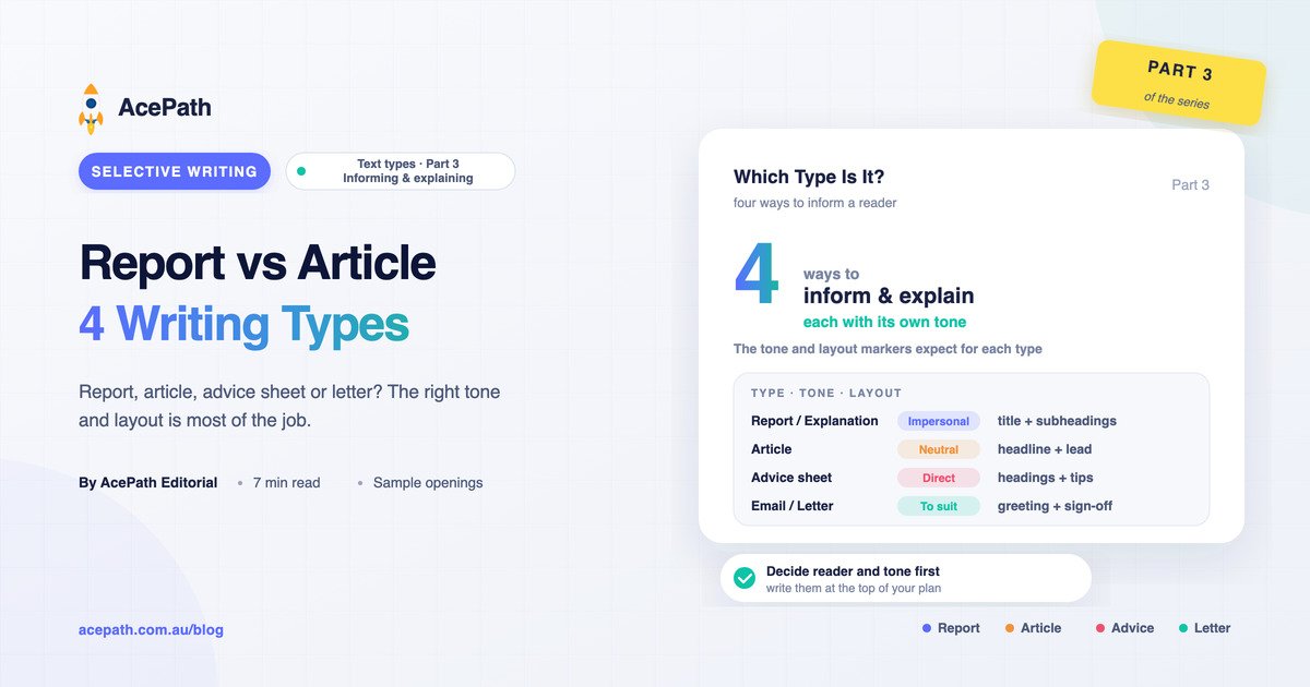 Report vs Article: 4 Selective Writing Types Explained — Selective test prep guide by AcePath