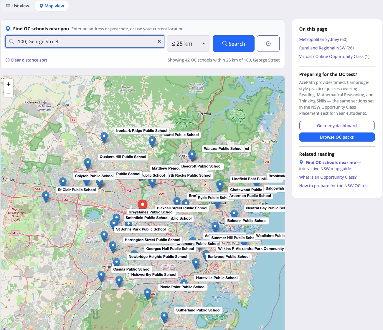 Screenshot of the AcePath nearby OC school finder showing the address search bar pre-filled with Parramatta NSW 2150, the radius filter set to 25 km, and a NSW map dotted with blue Opportunity Class school pins.