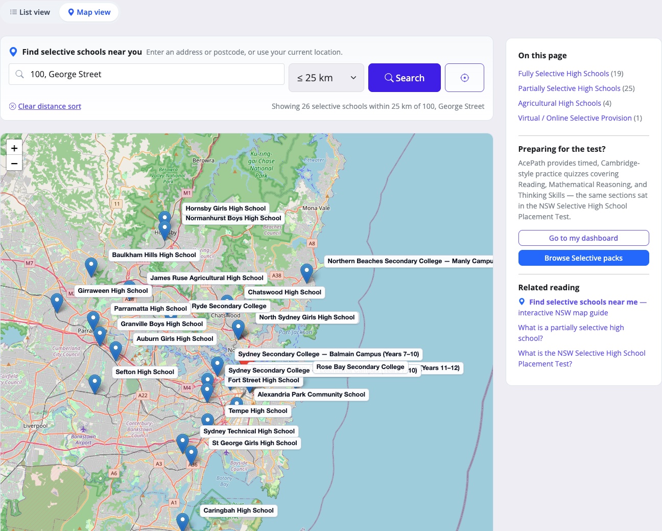 Screenshot of the AcePath nearby selective school finder showing the address search bar pre-filled with 2150 Parramatta, the radius filter set to 25 km, and a Sydney map with named pins for fully selective, partially selective, and agricultural selective high schools.