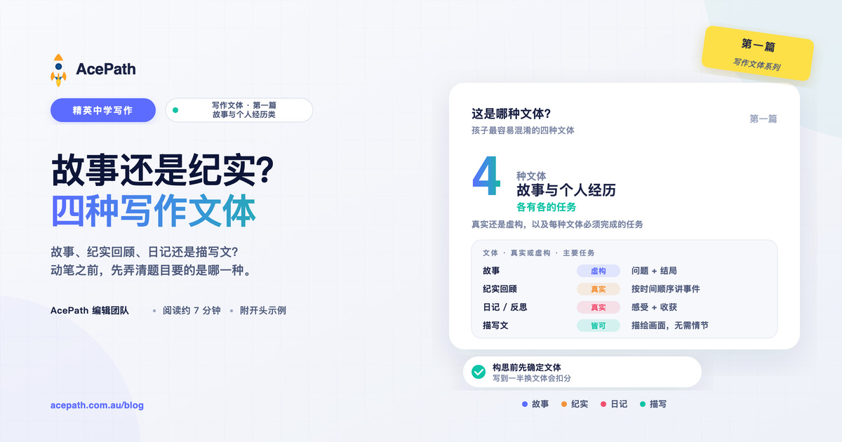 精英中学写作文体：故事、纪实、日记与描写文 — Selective test prep guide by AcePath